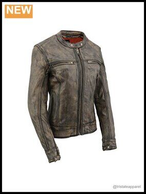 Women's Brown Distressed Leather Scooter Jacket with Vents